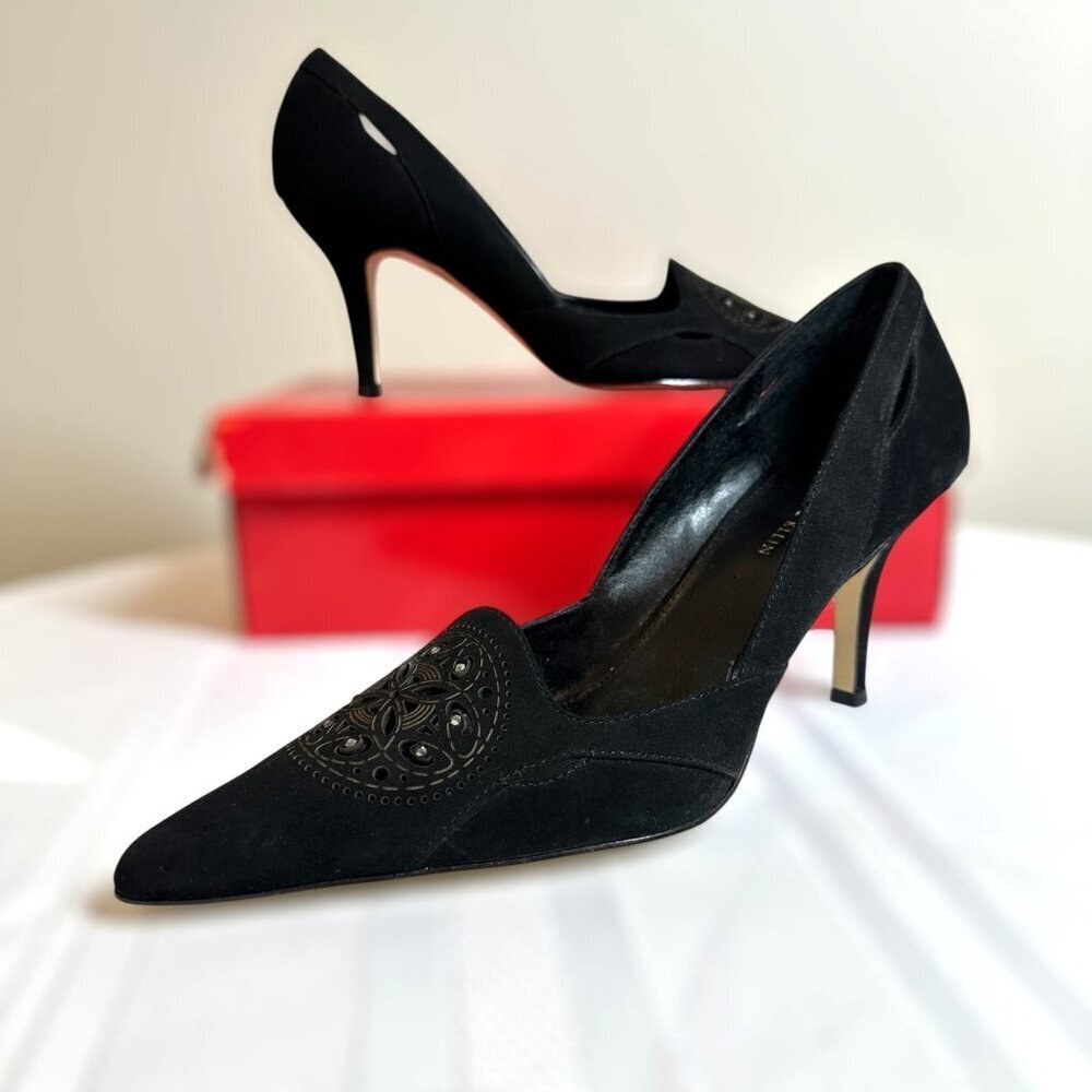 NEW AK Anne Klein Mckee Black Nubuck Crystal Accented Pointed Toe Pumps Size 9 M